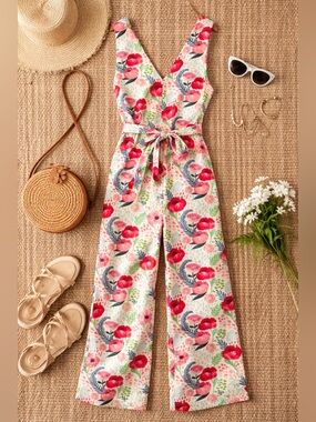 PEPALOVES‎ Anthropologie Blossom Floral Linen Jumpsuit Sleeveless Crop XS